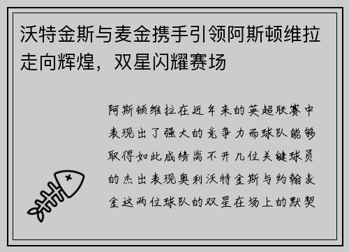 沃特金斯与麦金携手引领阿斯顿维拉走向辉煌，双星闪耀赛场